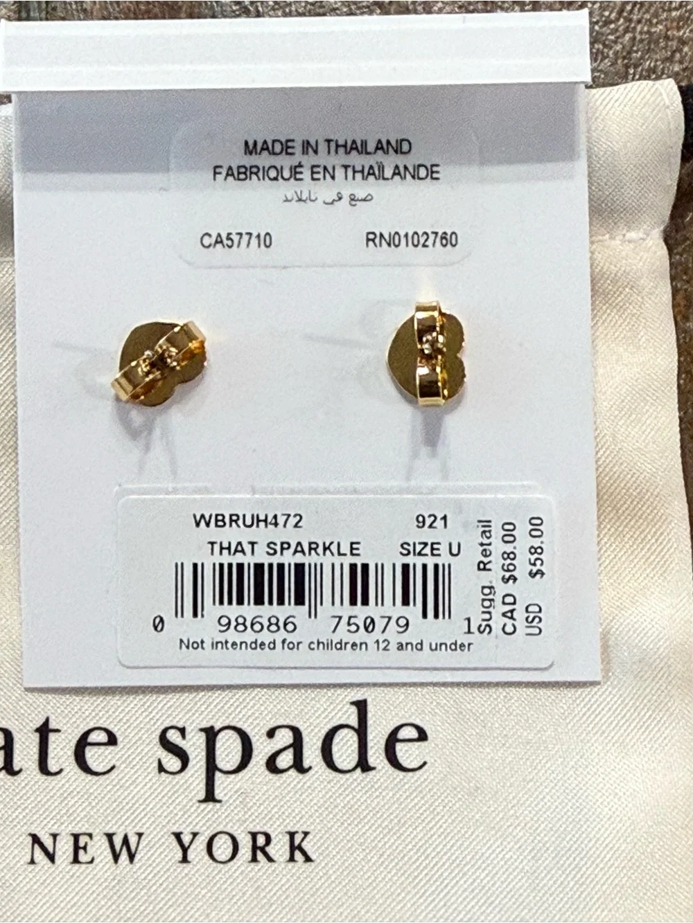 Kate Spade New York That Sparkle Cubic Zirconia Stud Earrings Gold Tone NWT